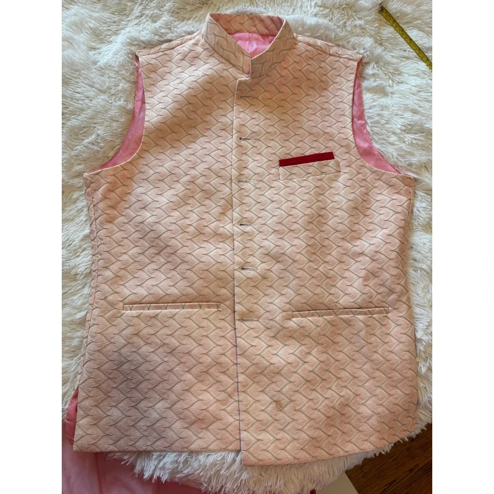 Wintage Mens Indian SHadi Pink Gold Brocade Nehru Vest Waistcoat Size 46 115cm